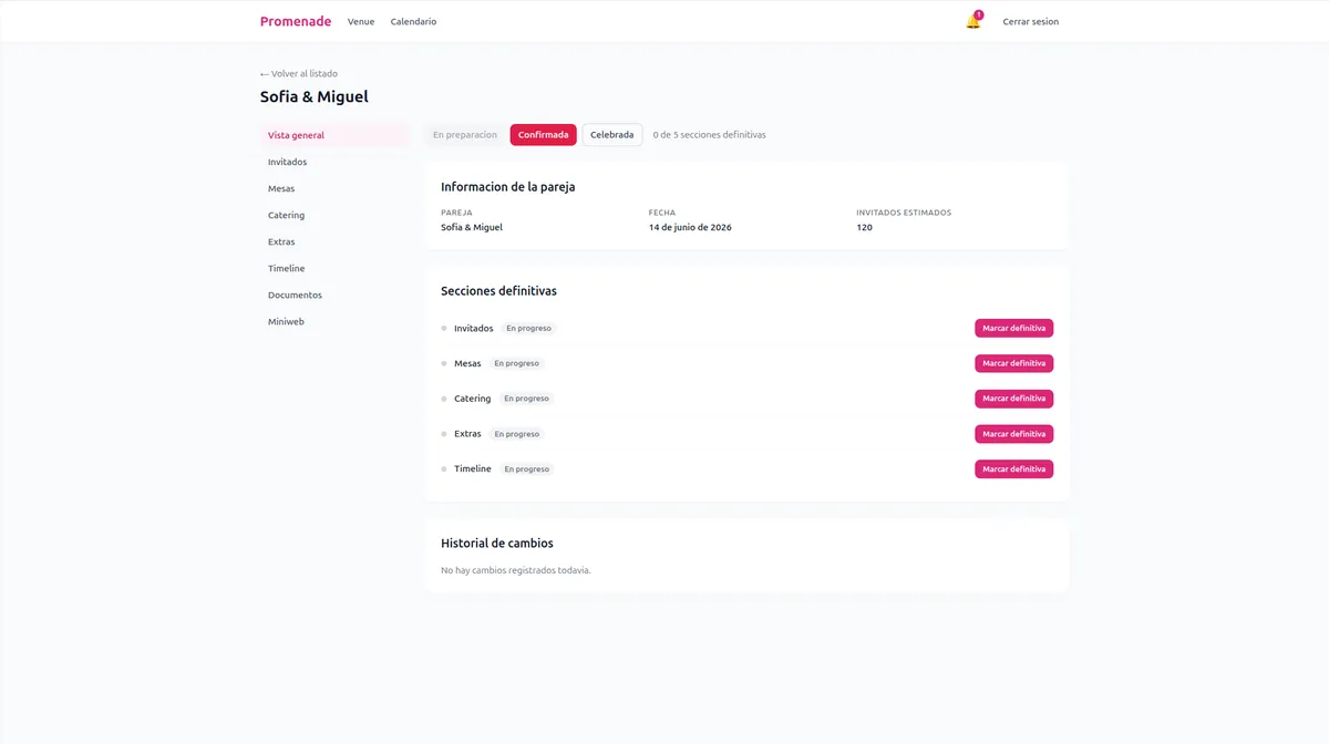 Panel de gestión de Promenade Wedding con coordinación de proveedores e invitados