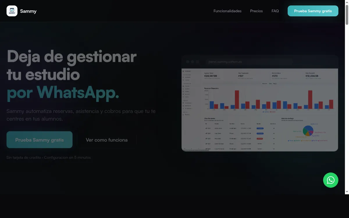 Panel de gestión de Sammy mostrando reservas, clientes y métricas del centro